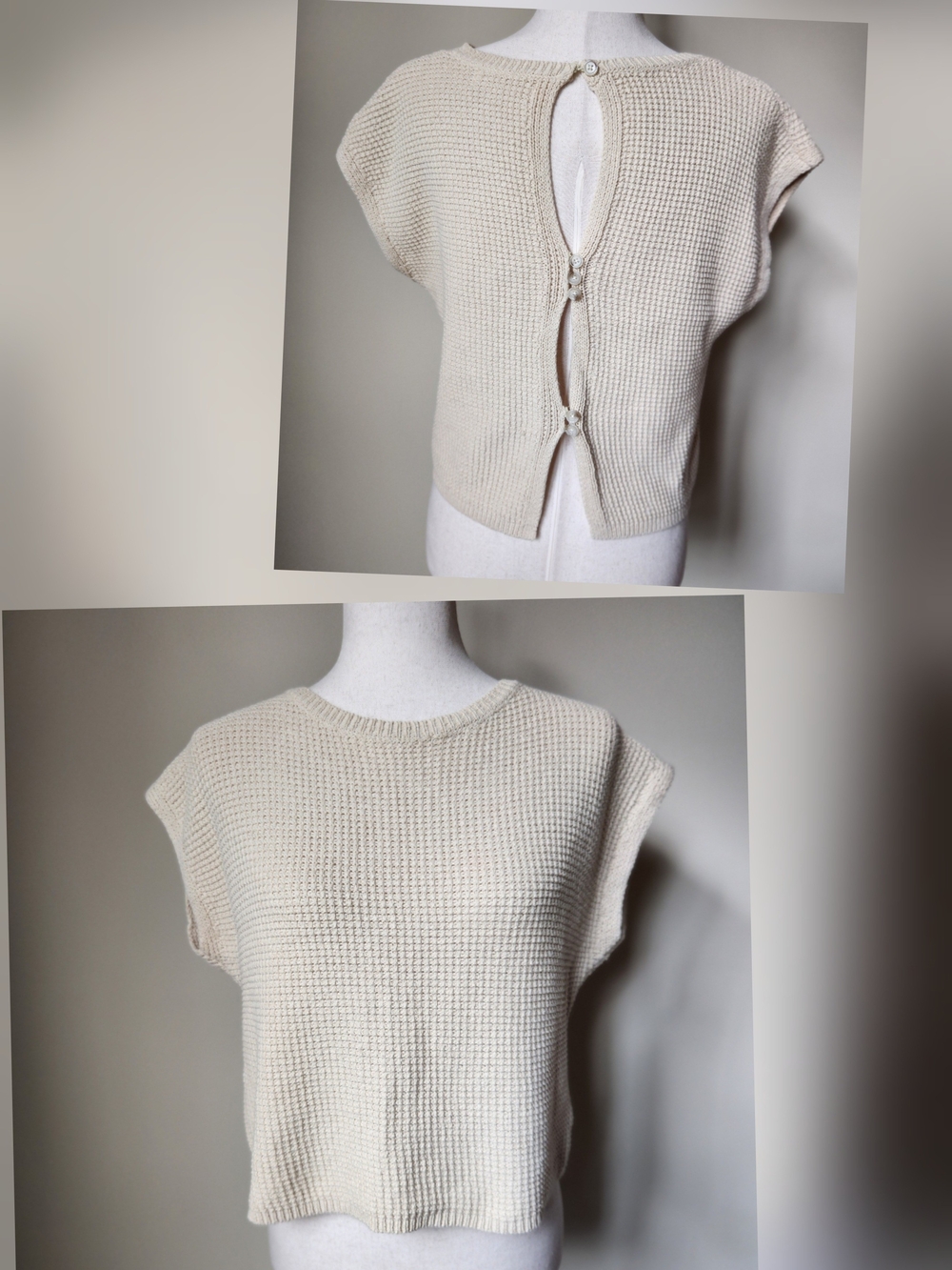 Cream Waffle Knit Sweater Open Button Back Top Size XS 100% Cotton